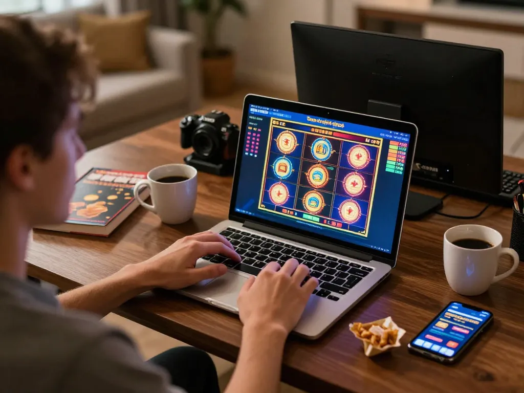 Player enjoying online slots on a laptop in cozy setup, showcasing 98win9 gaming experience