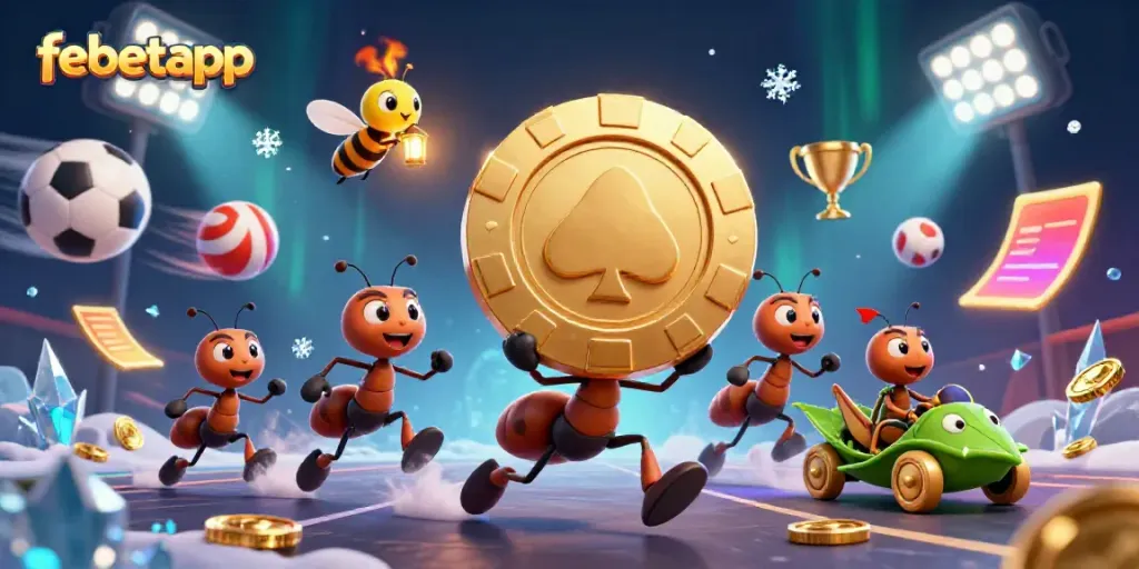 Ants in a heist carrying a giant golden poker chip while sports balls and casino elements surround them, showcasing febetapp.