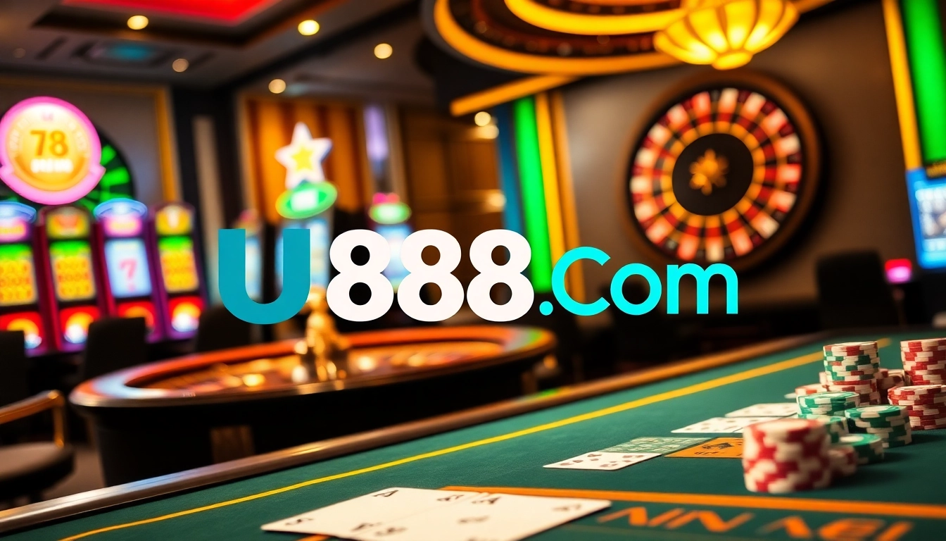 Engaging scene of U888 Com's vibrant casino with poker chips and roulette wheel.