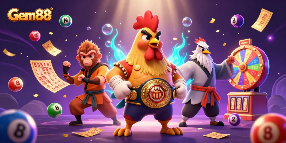 Experience Gem88 gaming with a dynamic scene featuring a fierce rooster and unique casino elements.