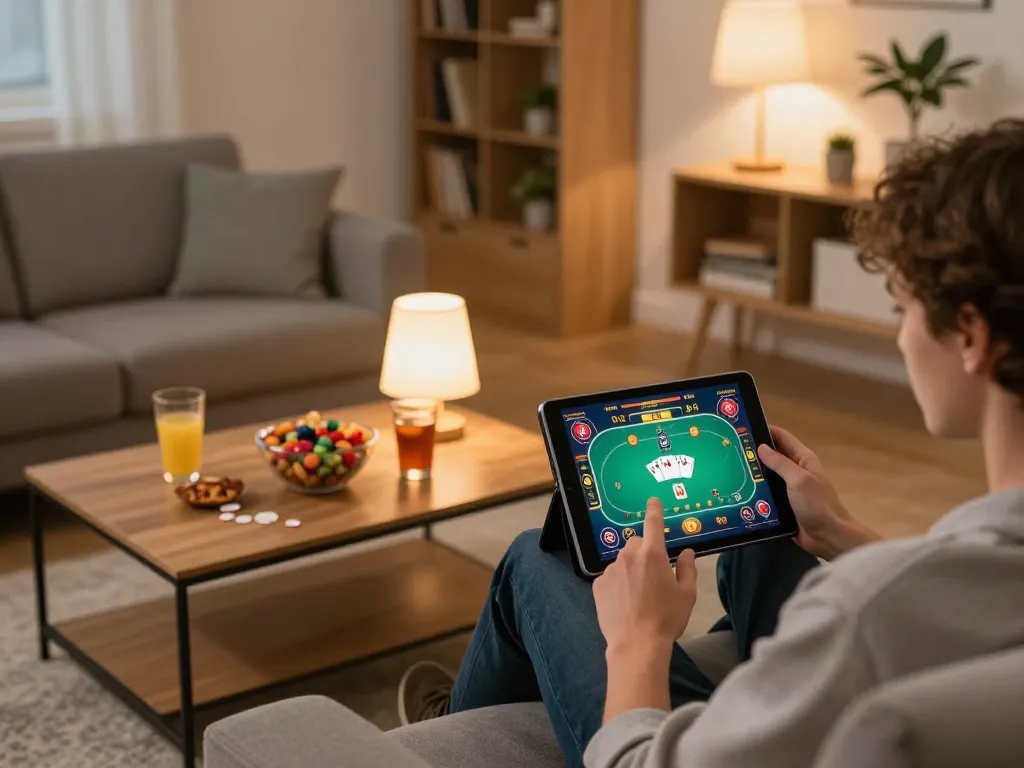 Excited player engaging with XOCDIA88 poker game setup at home, highlighting strategic entertainment.