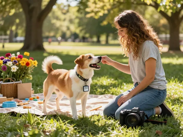 Hondenpenning met naam en telefoonnummer aan de halsband van een blije hond in het park.