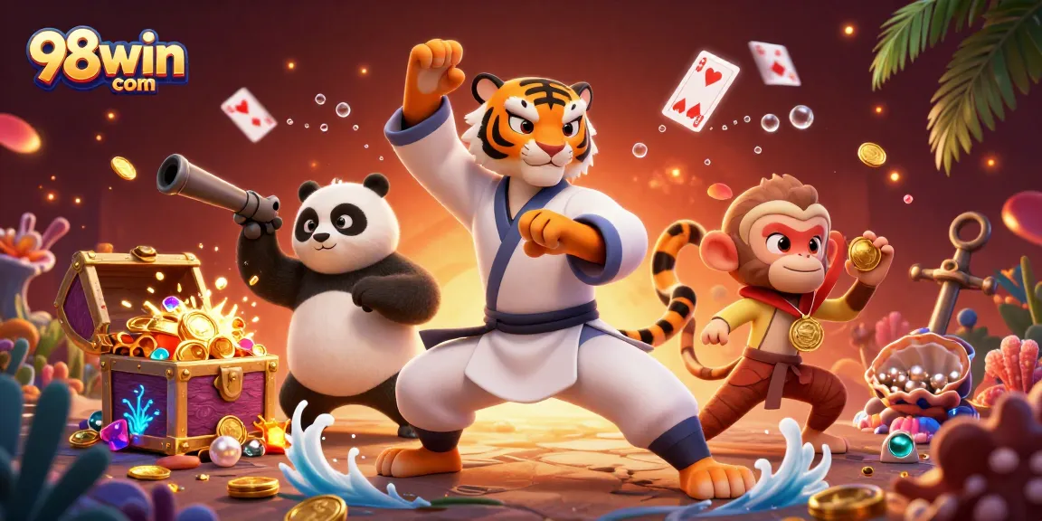 Conquer your stakes with 98win com in a vibrant 3D masterful casino scene full of treasures.