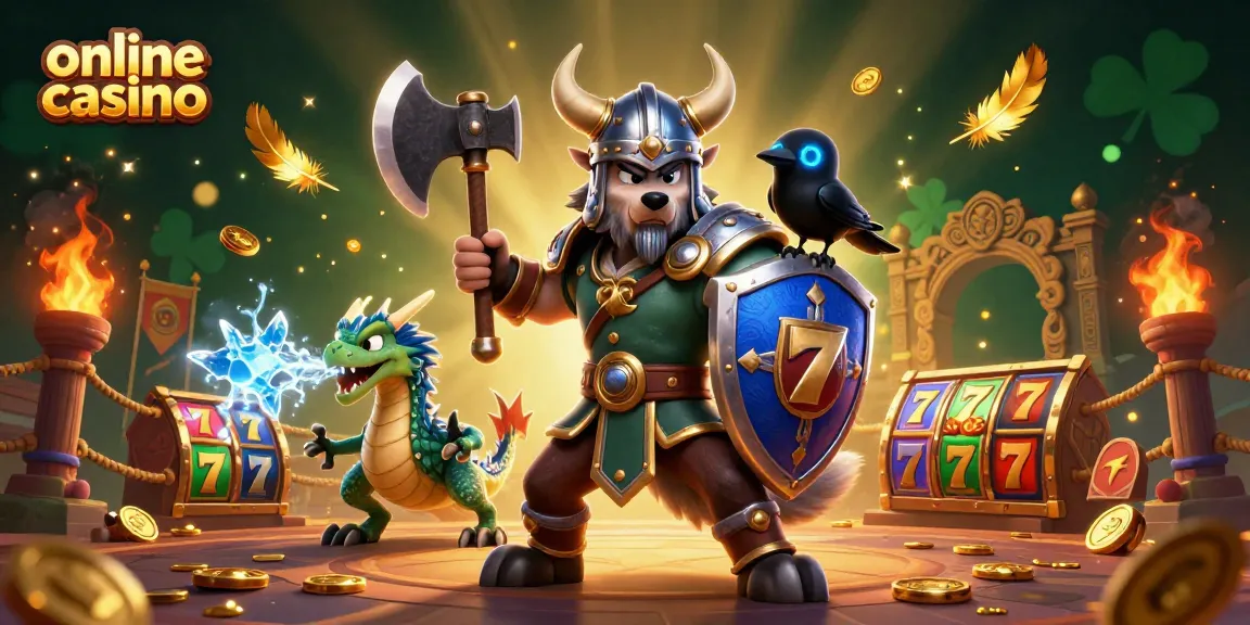 Engage with online casino thrills featuring a Viking warrior, dragon, and raven in an action-packed illustration.