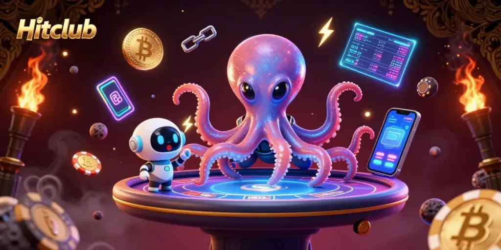 Hitclub showcases a thrilling 3D cartoon scene of an alien octopus at a holographic poker table.