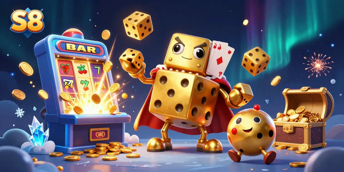 Experience S8 with a captivating 3D casino scene featuring golden dice, slot machines, and colorful game elements.