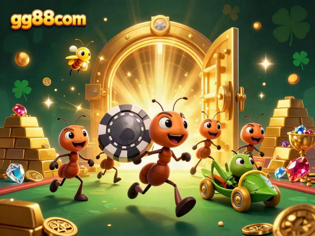 Join the adventure at gg88com with a cartoon heist scene showcasing ants and a grasshopper in a vibrant casino setting.