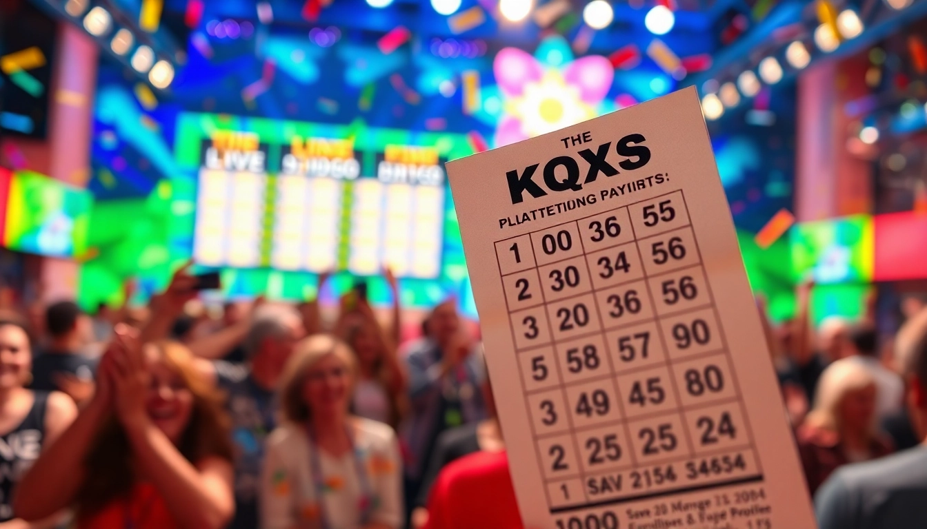 Live Kqxs lottery draw with excited crowd and colorful ticket details