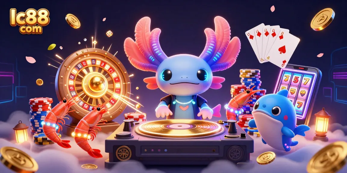 Experience winning at lc88 com with fun neon characters dancing amidst casino games and riches.