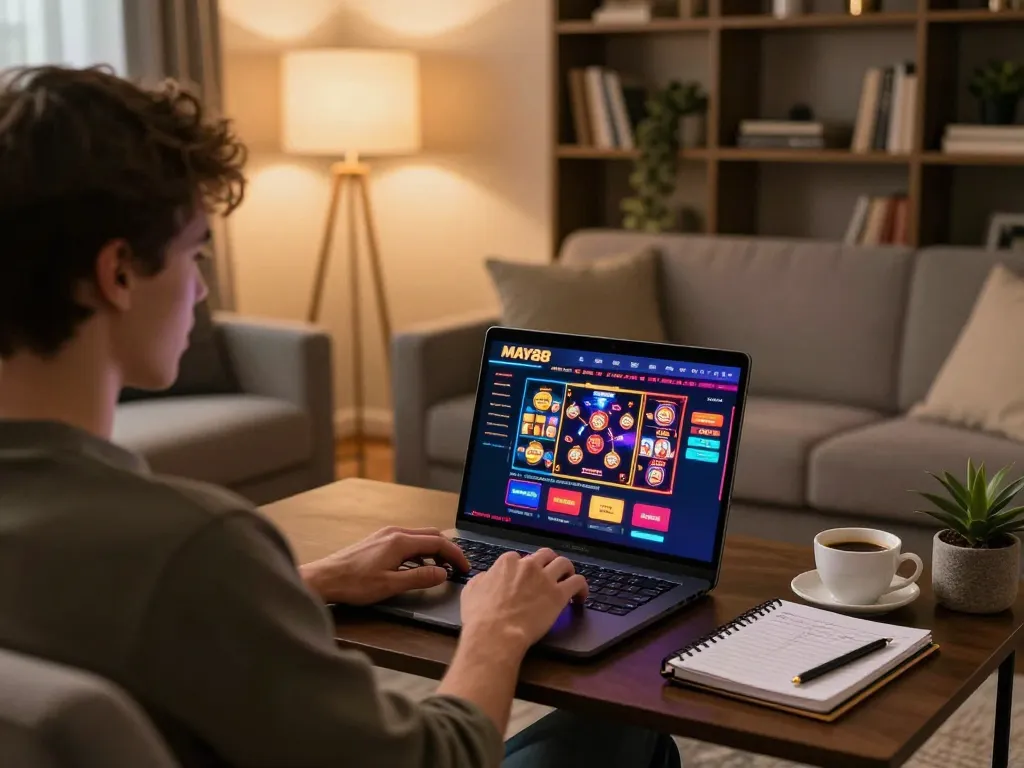 MAY88 player enjoying a diverse online casino experience in a cozy home setting with a laptop.