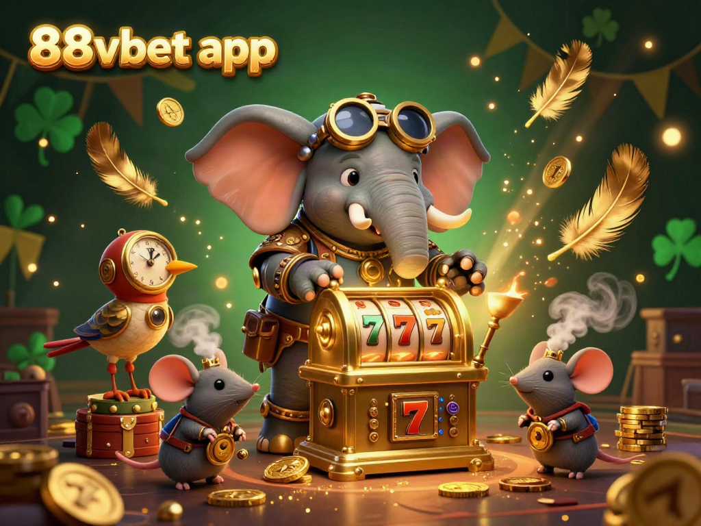 Engage with an exciting illustration of the 88vbet app showing steampunk characters playing a vibrant slot machine in a lively casino atmosphere.