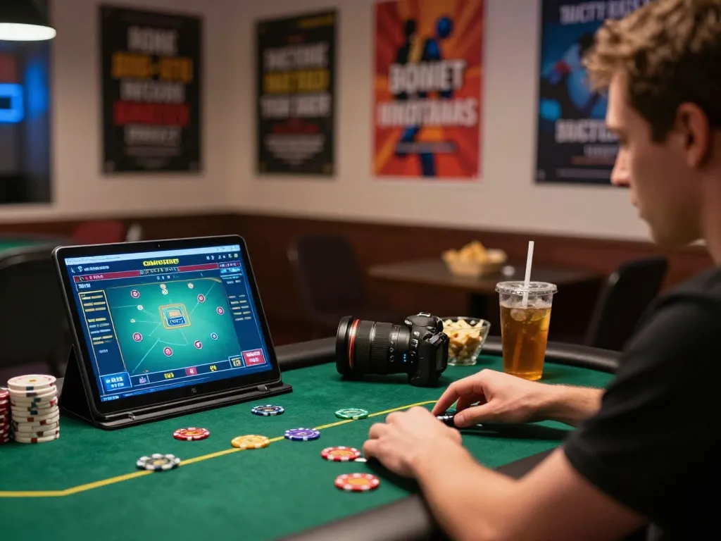 Engaging in online poker strategy with vswin on a laptop in a cozy gaming setup