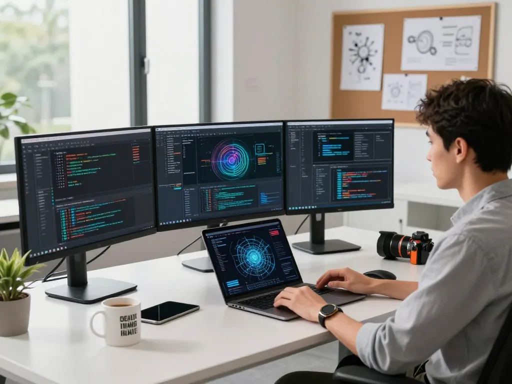 Developer creating innovative solutions with juicy ai in a modern tech workspace, surrounded by multiple monitors and collaborative tools.