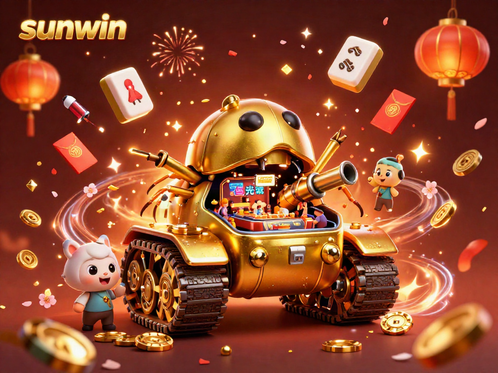 Celebrate wins at Sunwin with a vibrant 3D casino experience featuring golden beetle tank and festive elements.