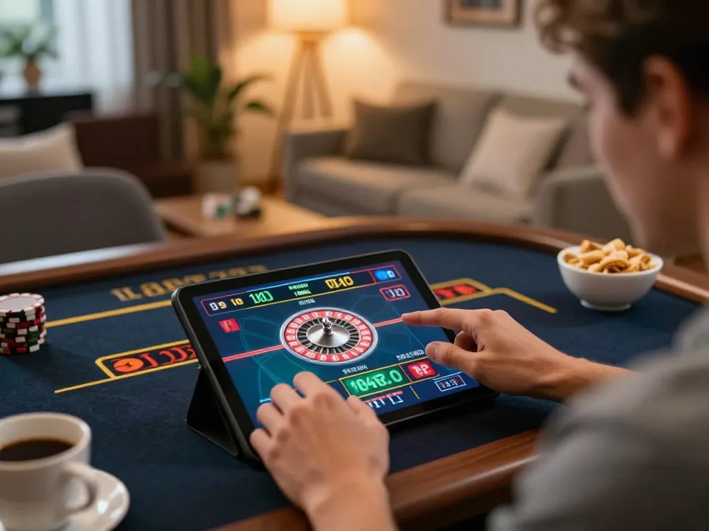 tg88 player engaging in live dealer roulette on a tablet, showcasing dynamic gaming experience in home setting.