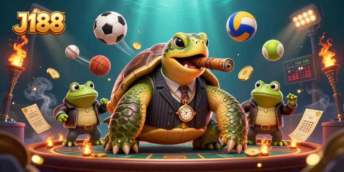 Experience J188's thrilling casino adventure with a mobster turtle and frog enforcers amidst vibrant gaming elements.