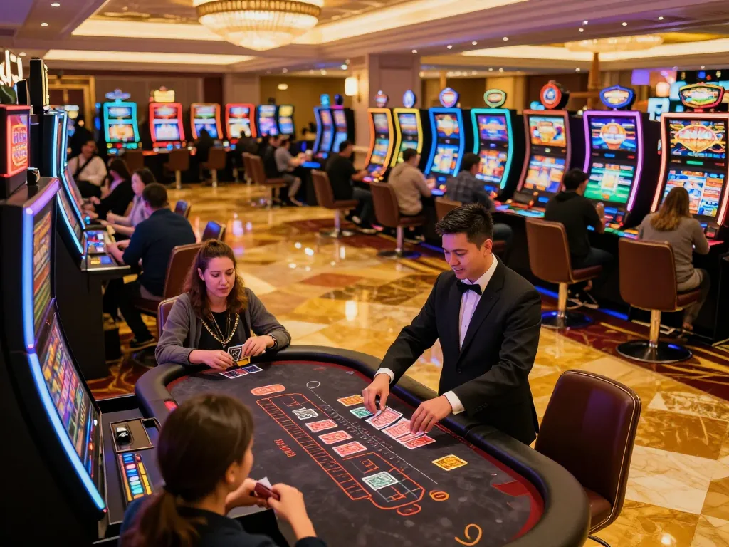 KJC players enjoying games at a bustling casino floor with vibrant slot machines and blackjack tables