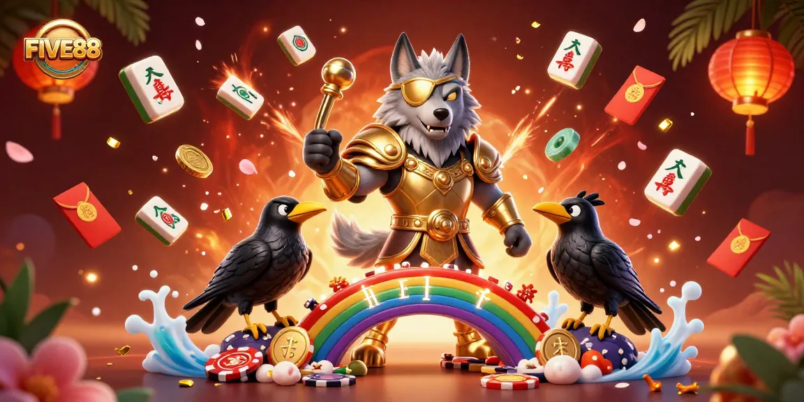 Experience the excitement at FIVE88 with Odin and his ravens on a vibrant casino chip bridge.