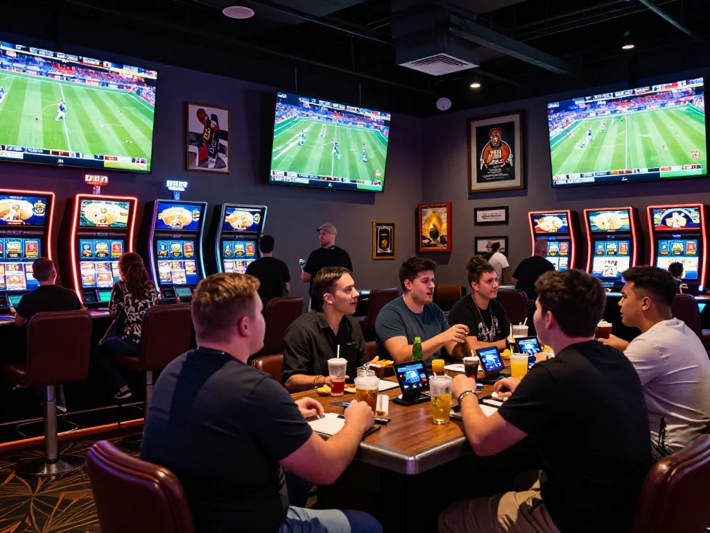 Nohu sports betting action inside a vibrant casino, with bettors cheering for live events and engaging with large screens.