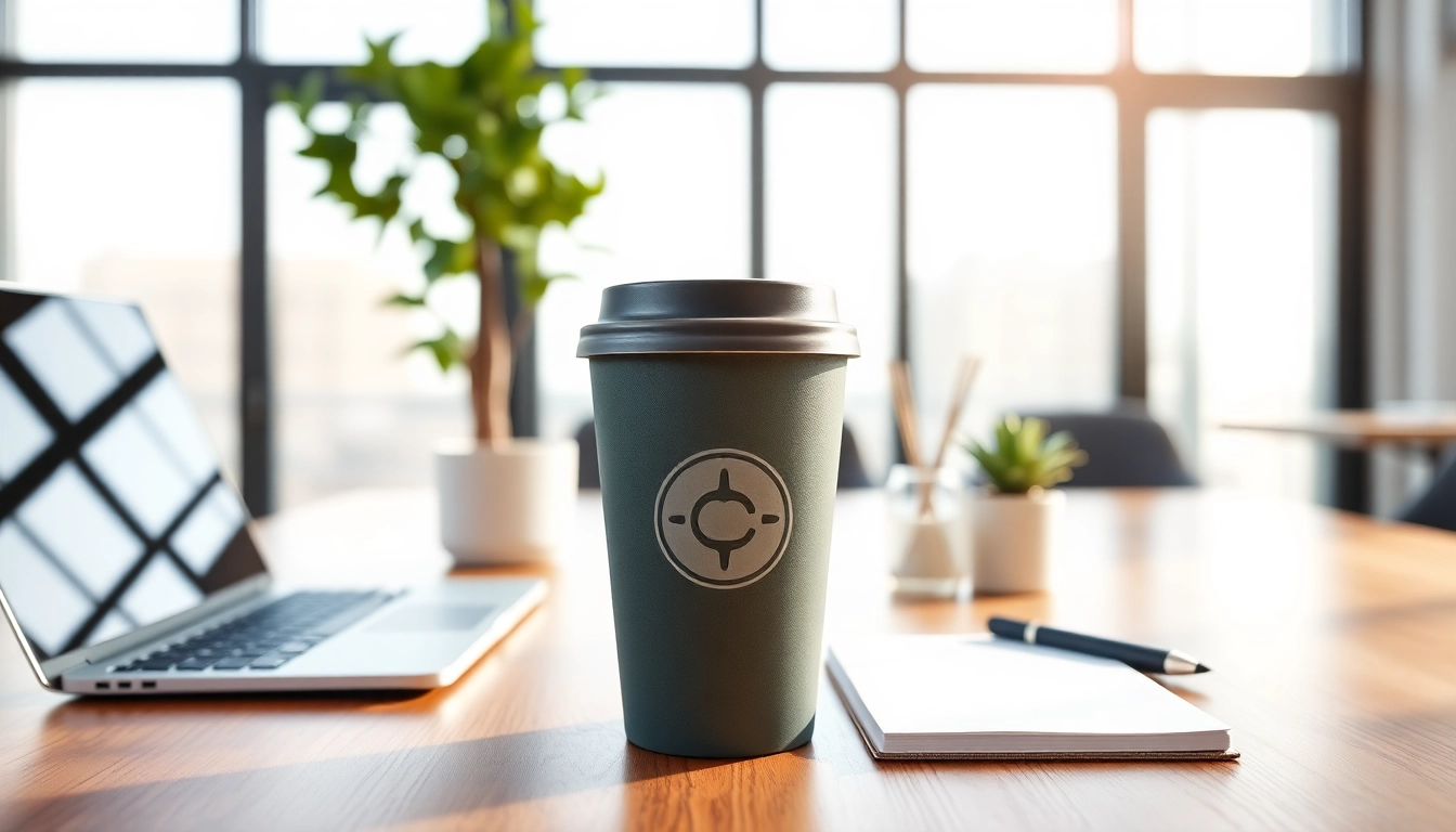 Koffie-to-Go beker bedrukken met een op maat gemaakt logo in een modern kantoor, met een milieuvriendelijk ontwerp.