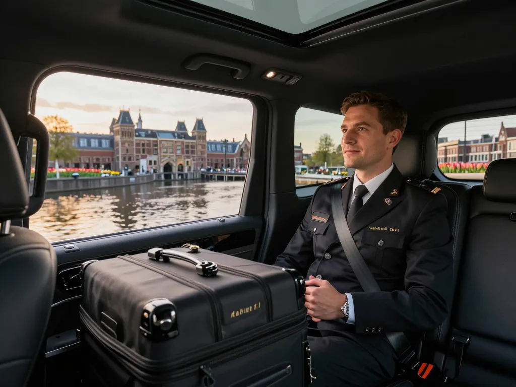 Taxi Amsterdam ervaring in een luxe Mercedes met schilderachtige grachtenzicht, die premium reiscomfort benadrukt.
