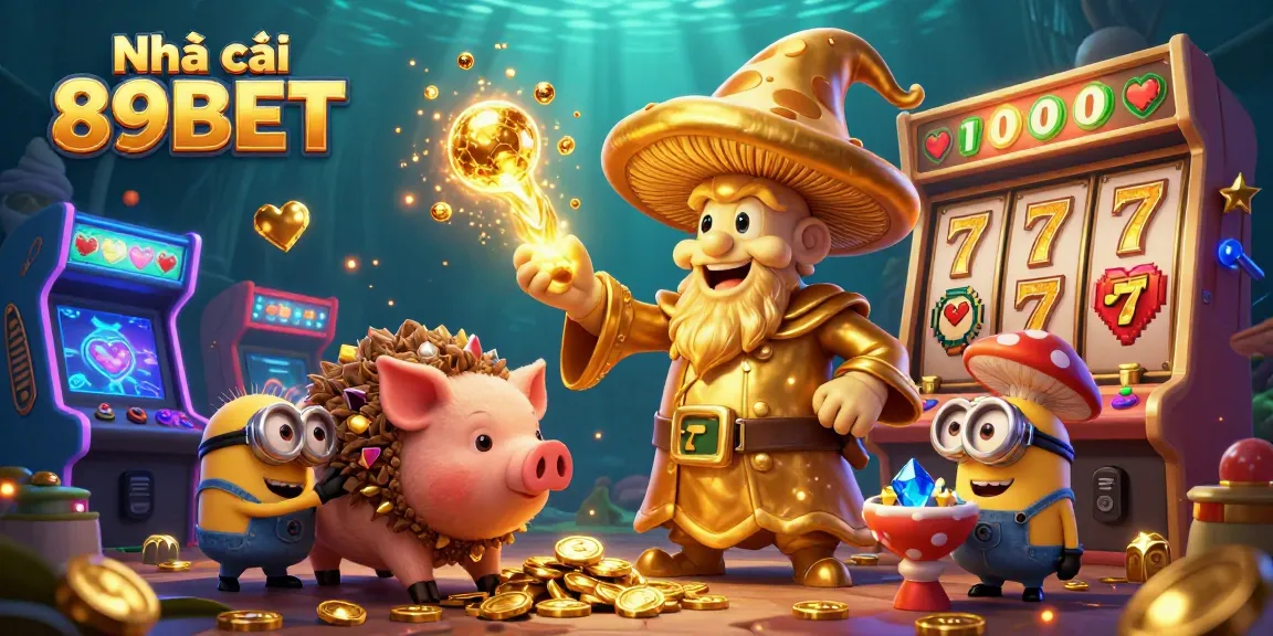 Engage with Nhà cái 89BET through an enchanting scene of a magical golden mushroom wizard and treasure-seeking companions.