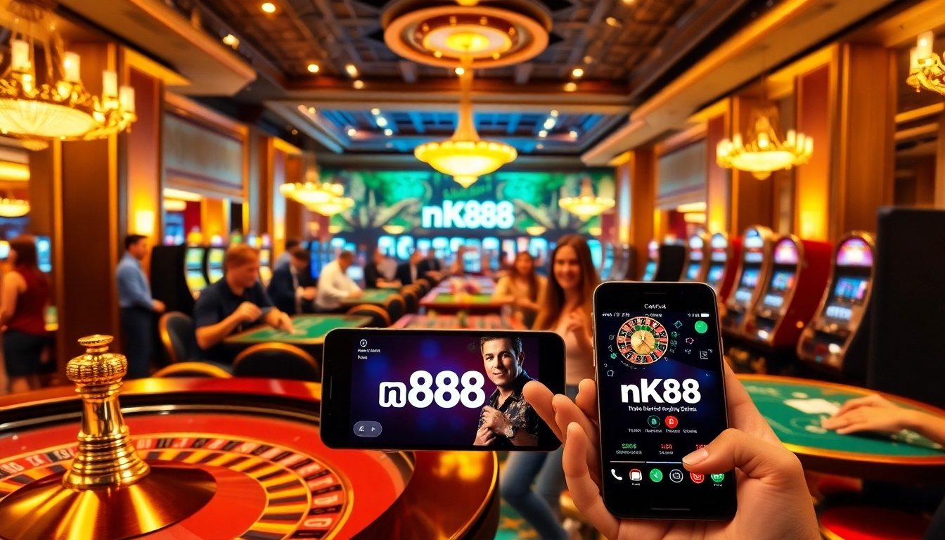 Gambling excitement with players using nk88 app on their smartphones, surrounded by casino tables and slot machines.
