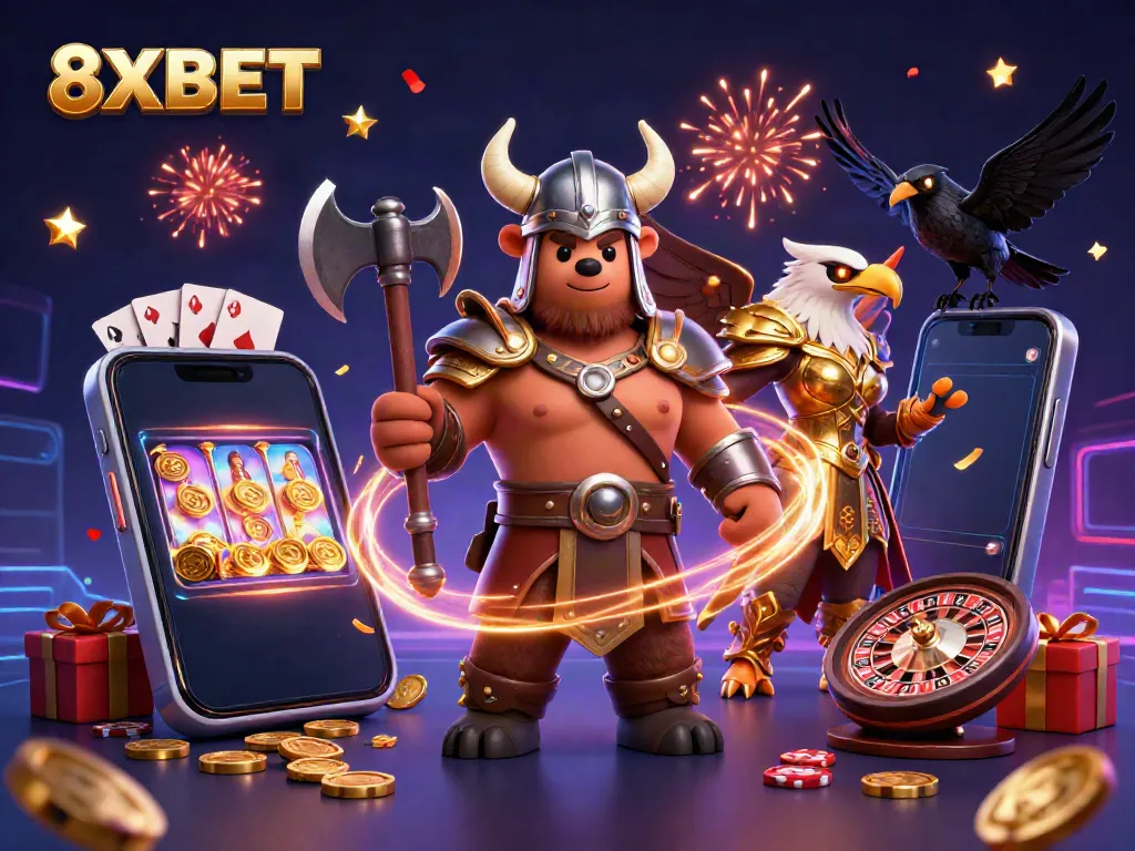 Experience thrilling gaming with an ultra-detailed scene featuring 8XBET's Viking and Valkyrie characters amidst rich casino elements.
