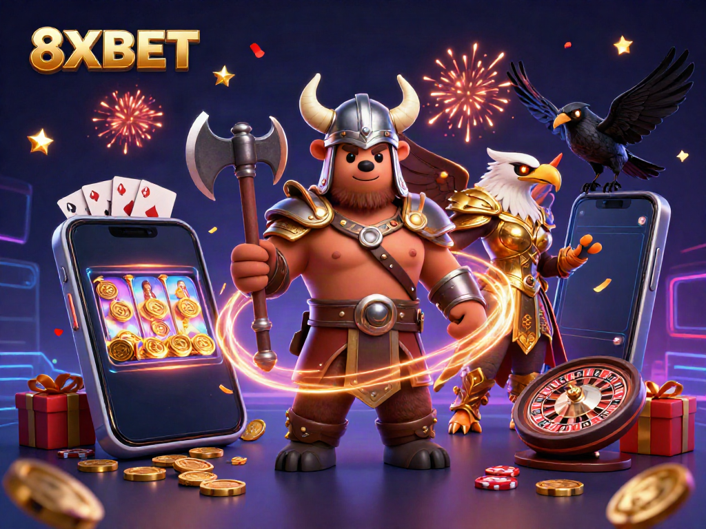Experience thrilling gaming with an ultra-detailed scene featuring 8XBET's Viking and Valkyrie characters amidst rich casino elements.