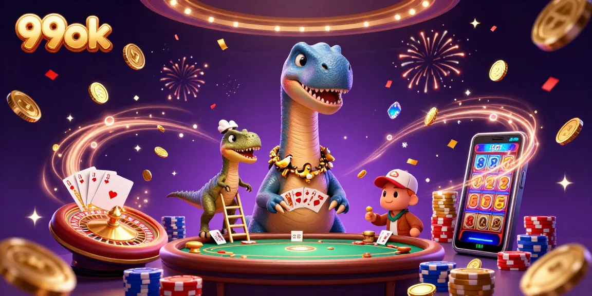 Experience the thrilling games at 99ok while a brontosaurus looks over a lively casino scene.