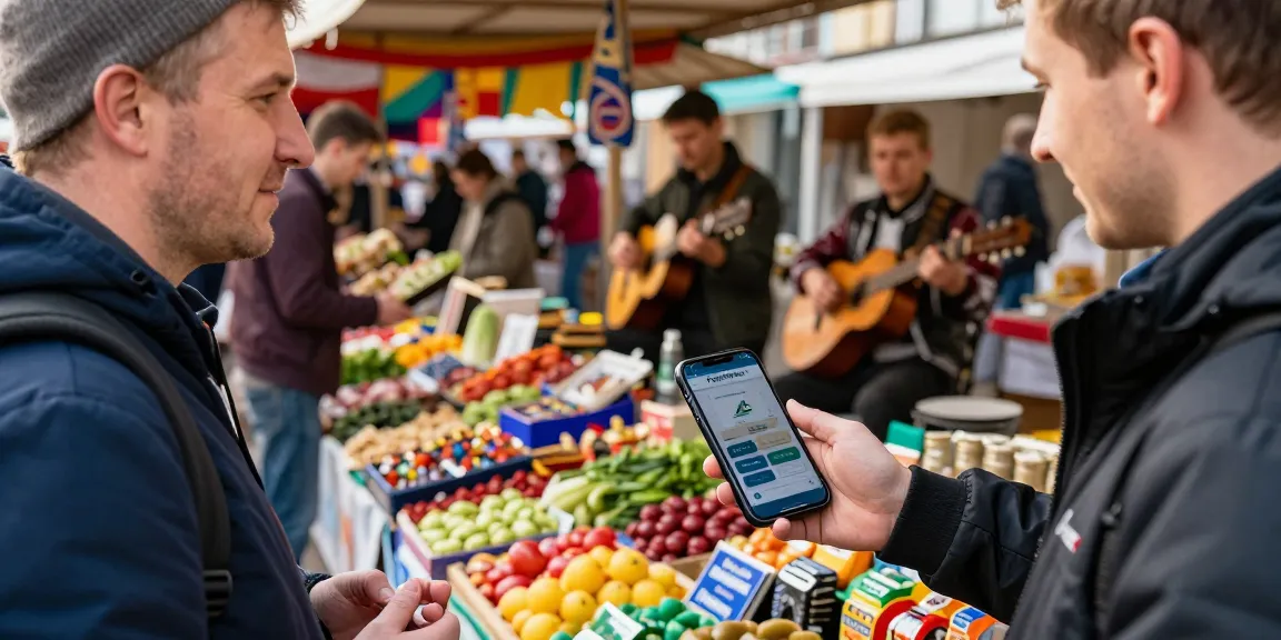 In Rusland betaalt een reiziger met https://payinrussia.com/ in een levendige lokale markt.