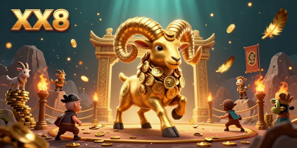 Experience thrilling gameplay at XX8 with a golden ram charging through a dynamic casino scene.