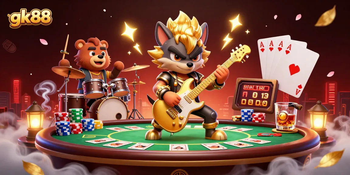 Experience gk88 casino excitement with musicians in a vibrant 3D illustration filled with poker action.