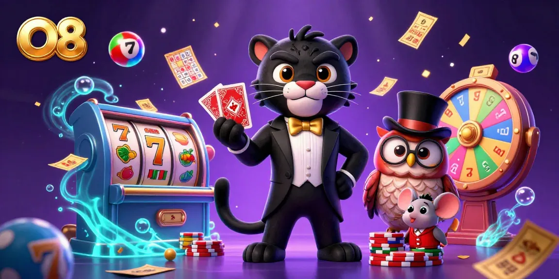 Engage in thrilling O8 gaming with a stylish black panther dealer and lively casino characters.