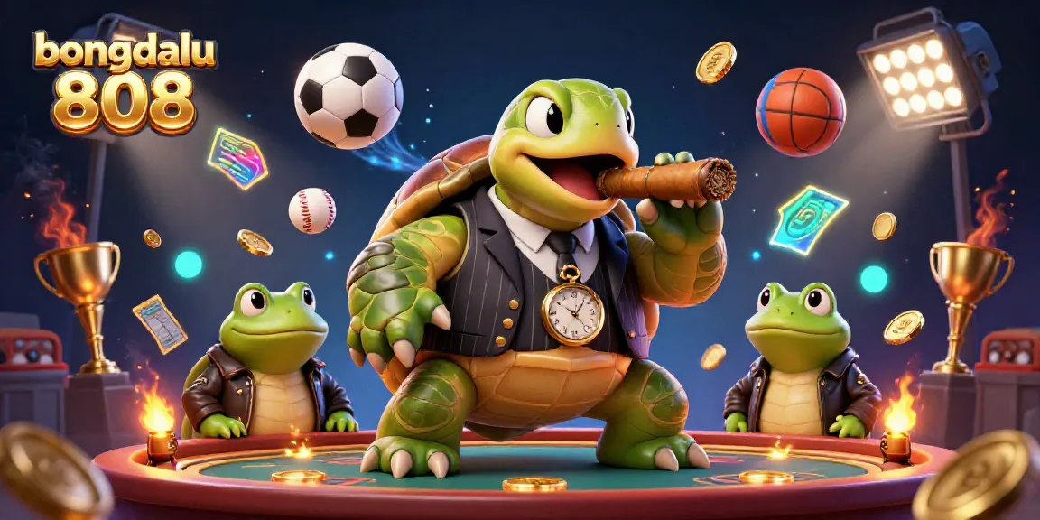 Experience the excitement of bongdalu 808 with a turtle mobster and bullfrog enforcers amidst dynamic sports elements.