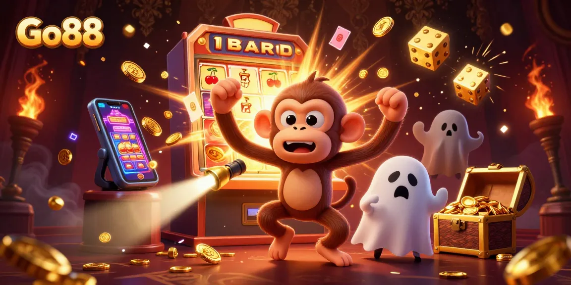 Join the fun at Go88, where a playful monkey juggles golden casino treasures in a vibrant 3D scene.