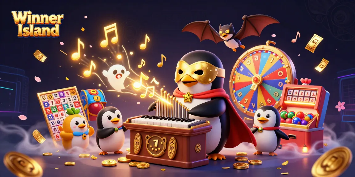Experience the excitement of Winner Island Casino with a colorful 3D illustration of a penguin and dynamic casino elements.