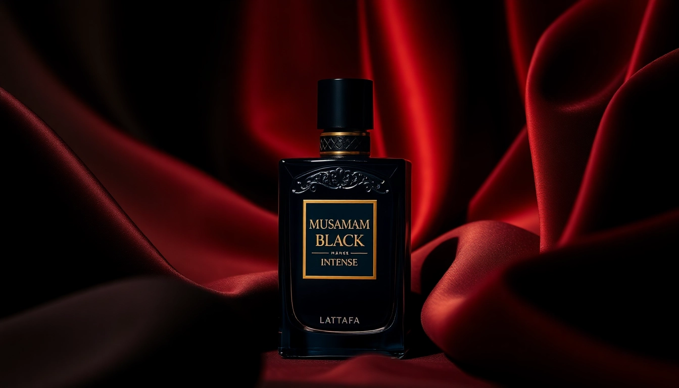 Proef Musamam Black Intense by Lattafa in een luxe omgeving met een elegante fles.