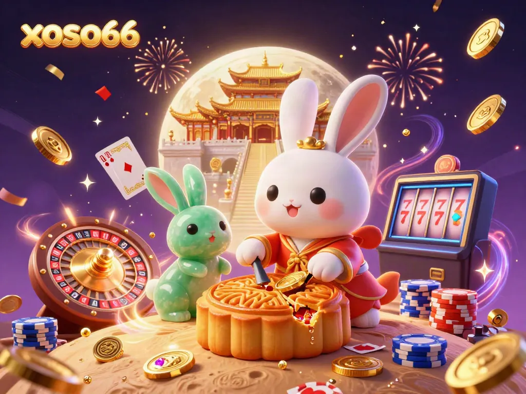 Experience the excitement of xoso66 with a moon rabbit and jade companion in a vibrant casino scene.