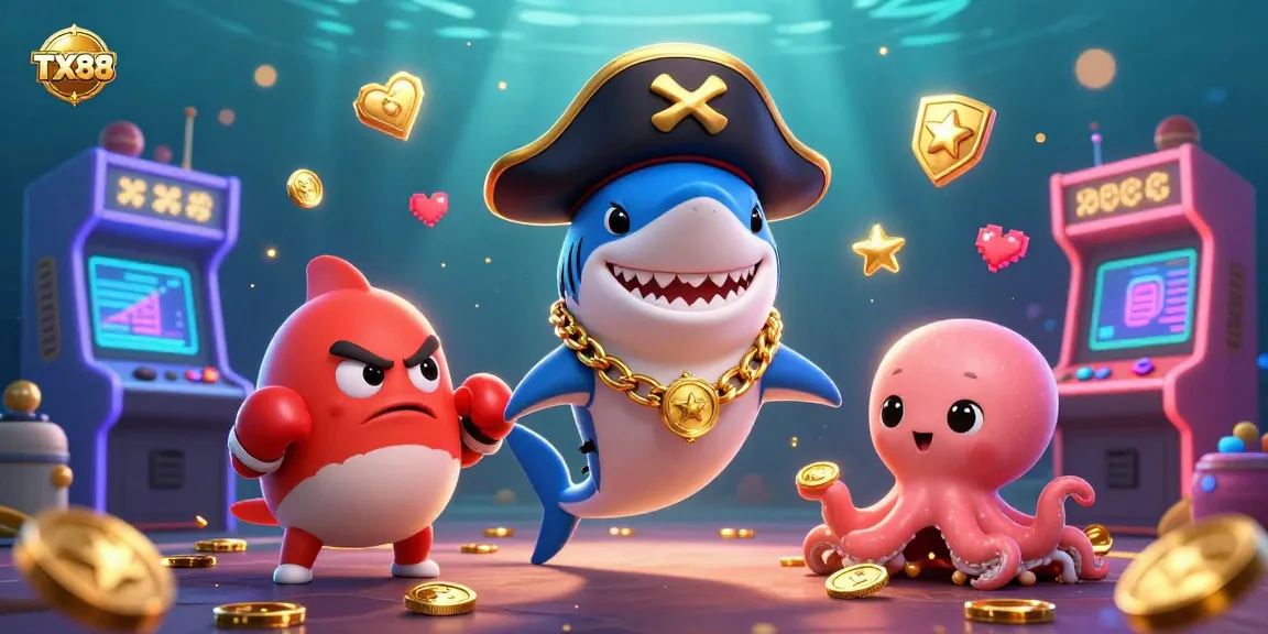 Engage with TX88's thrilling gaming experience featuring a pirate shark, pufferfish, and octopus with gold coins in a colorful arcade scene.