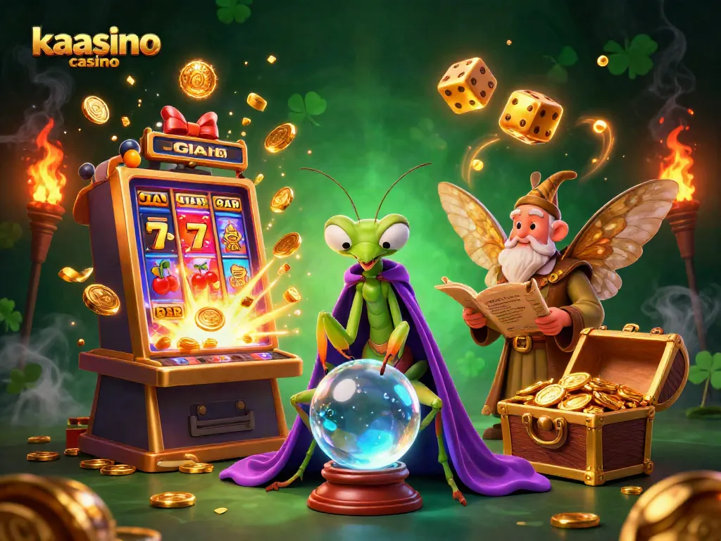Kaasino casino features a vibrant scene with magical characters amidst a dynamic casino atmosphere, including slots and golden treasures.