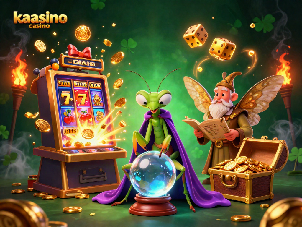 Kaasino casino features a vibrant scene with magical characters amidst a dynamic casino atmosphere, including slots and golden treasures.