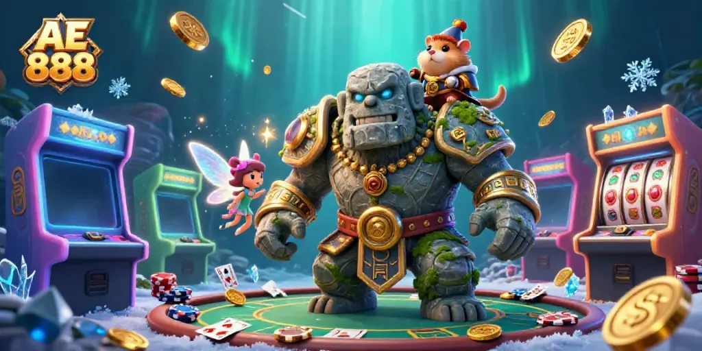 Experience the excitement of AE 888 with a magical 3D golem, fairy, and hamster knight amidst casino games.