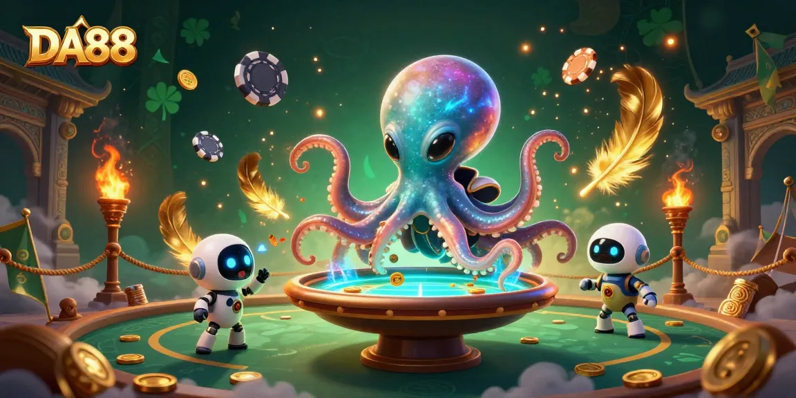 Engage with DA88's electrifying gaming experience featuring a vibrant alien octopus and dynamic poker gameplay.