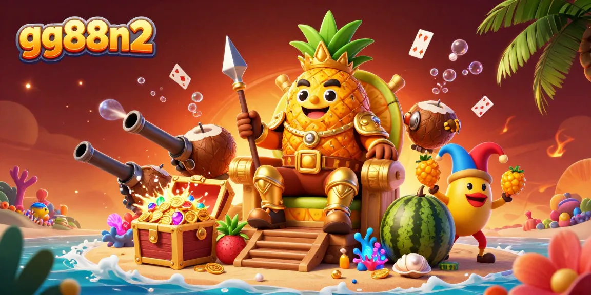 Experience excitement at gg88n2 with a vibrant casino scene featuring a golden pineapple king and fun elements.