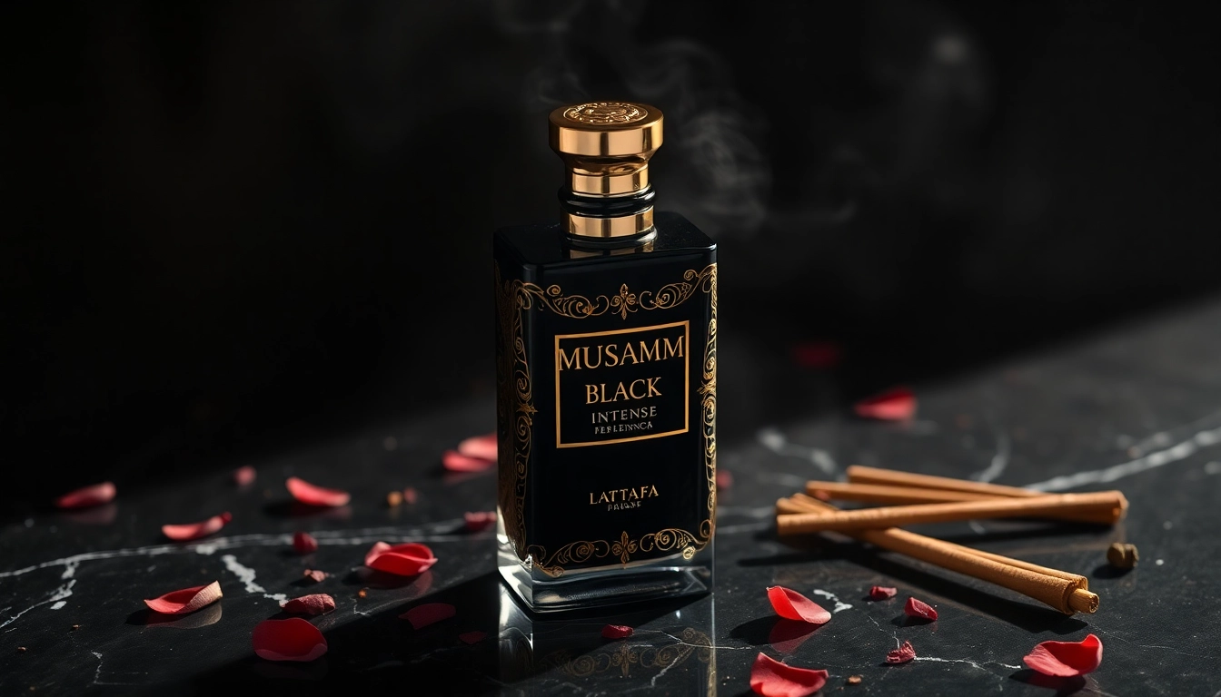 Admire the exquisite Musamam Black Intense by Lattafa displayed elegantly with aromatic oils.