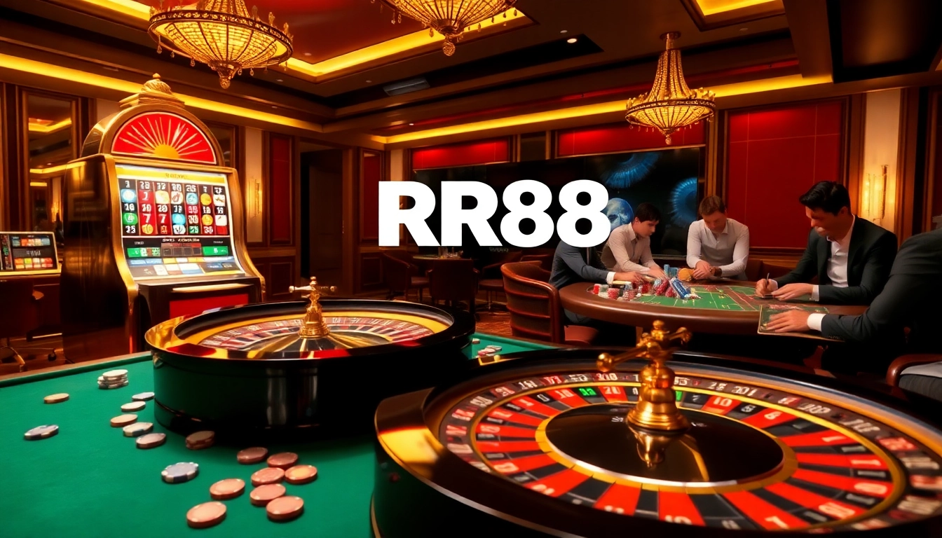 Experience the thrill of gambling at RR88 with stunning visuals of casino tables and engaging games.