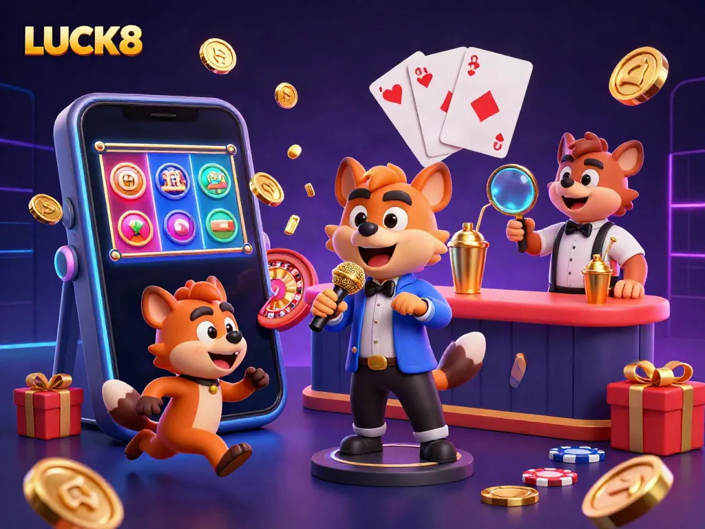 Experience the laughter and excitement of LUCK8 in a vibrant casino atmosphere with animated hyenas.