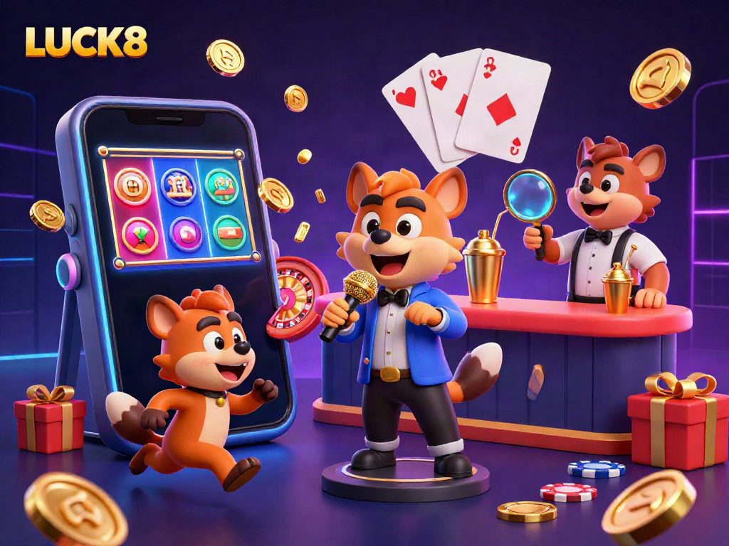 Experience the laughter and excitement of LUCK8 in a vibrant casino atmosphere with animated hyenas.