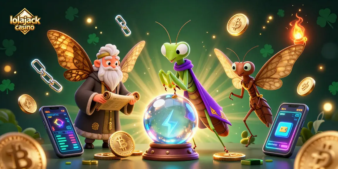 Experience thrills at lolajack casino with this colorful illustration showcasing fantasy elements and crypto coins.